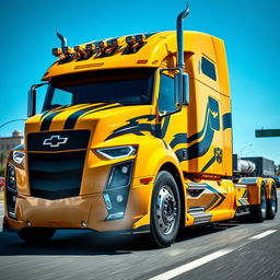 A powerful and dynamic image of a Chevrolet Camaro transformed into a semi-truck version of Bumblebee from Transformers