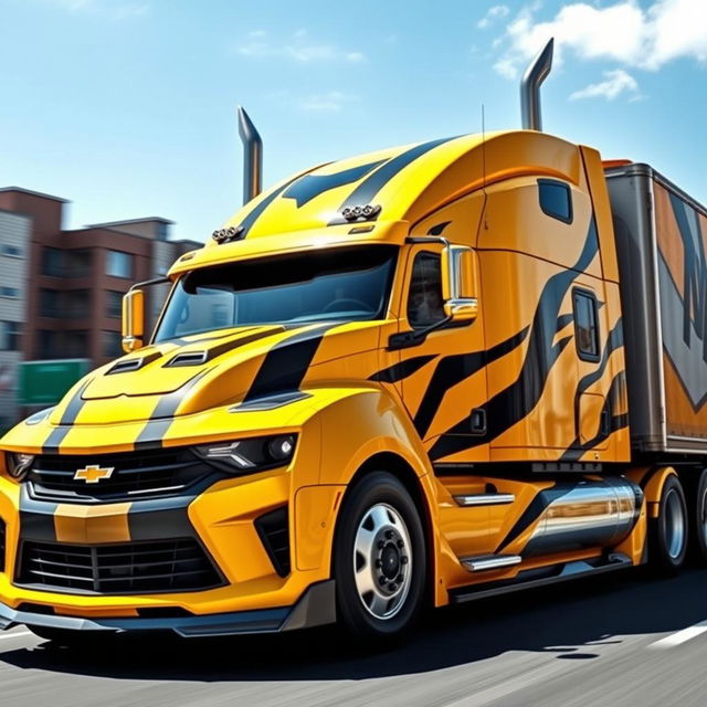 A powerful and dynamic image of a Chevrolet Camaro transformed into a semi-truck version of Bumblebee from Transformers