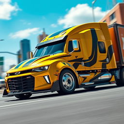 A powerful and dynamic image of a Chevrolet Camaro transformed into a semi-truck version of Bumblebee from Transformers