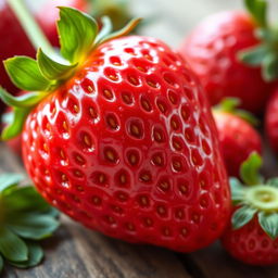 A vivid, close-up image of a perfectly ripe strawberry, showcasing its bright red color and shiny surface