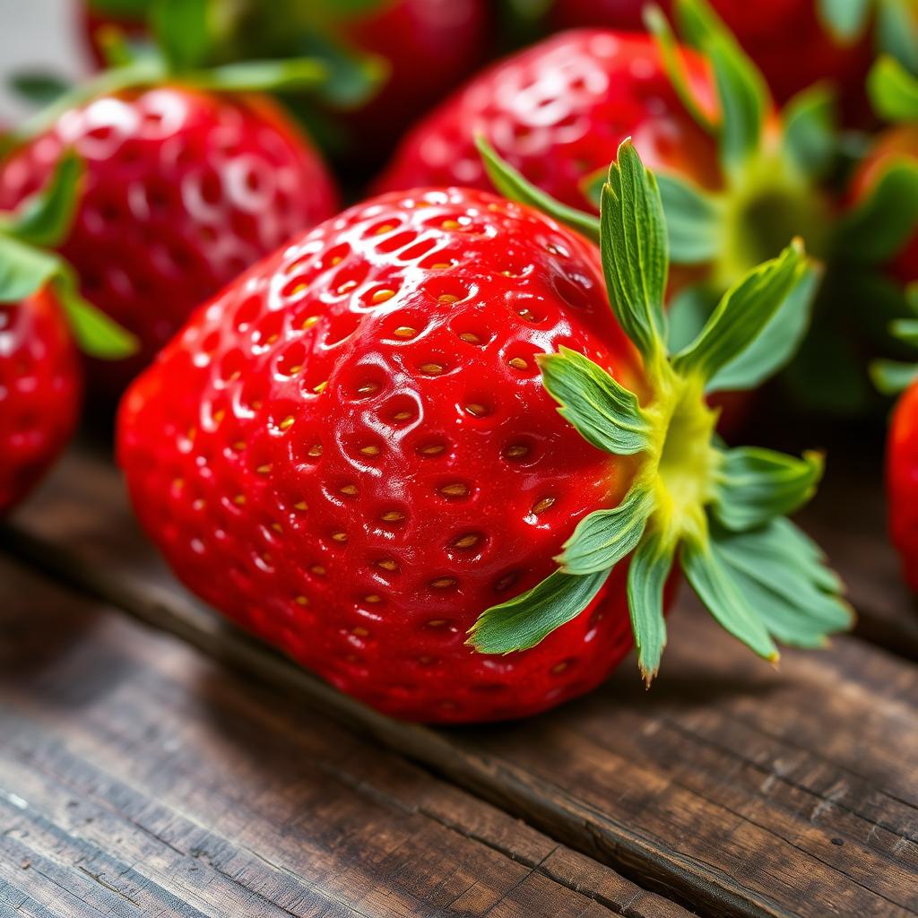 A vivid, close-up image of a perfectly ripe strawberry, showcasing its bright red color and shiny surface