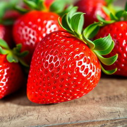 A vivid, close-up image of a perfectly ripe strawberry, showcasing its bright red color and shiny surface
