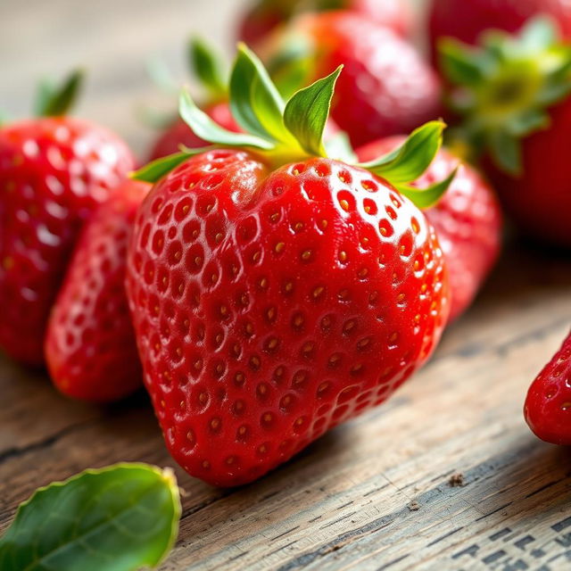 A vivid, close-up image of a perfectly ripe strawberry, showcasing its bright red color and shiny surface