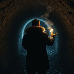 A mysterious man with his back turned to us, wearing a thick winter jacket, stands inside a dark, abandoned mine