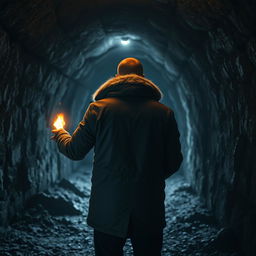 A mysterious man with his back turned to us, wearing a thick winter jacket, stands inside a dark, abandoned mine
