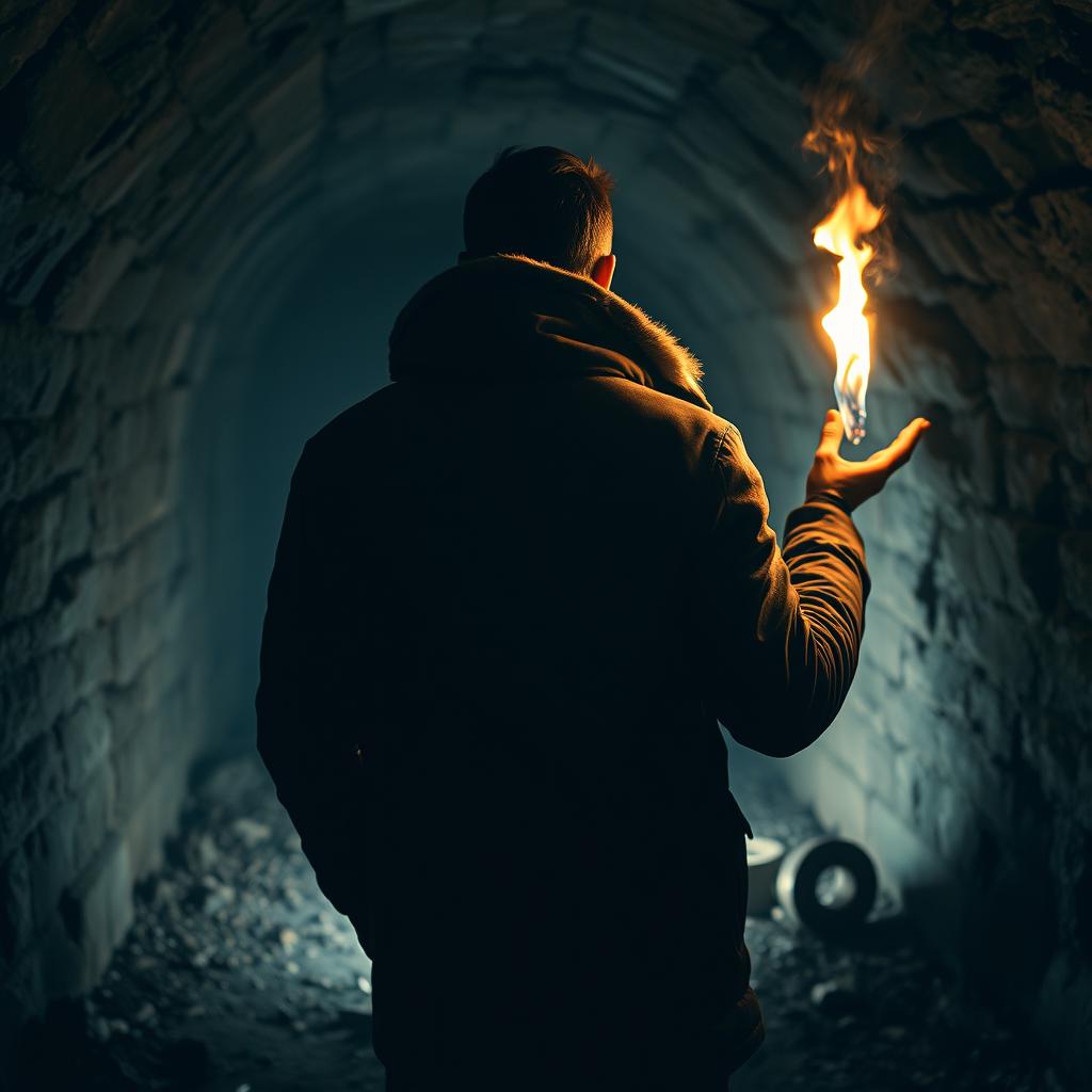 A mysterious man with his back turned to us, wearing a thick winter jacket, stands inside a dark, abandoned mine