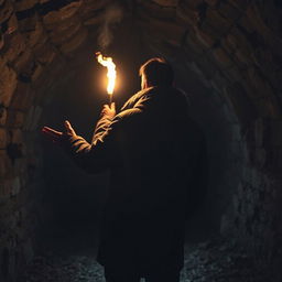 A mysterious man with his back turned to us, wearing a thick winter jacket, stands inside a dark, abandoned mine