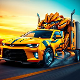 A vivid, artistic depiction of a Chevrolet Camaro transformed into a semi-truck Bumblebee Prime