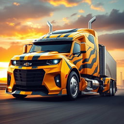 A vivid, artistic depiction of a Chevrolet Camaro transformed into a semi-truck Bumblebee Prime