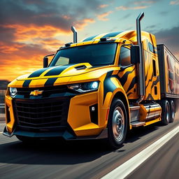 A vivid, artistic depiction of a Chevrolet Camaro transformed into a semi-truck Bumblebee Prime