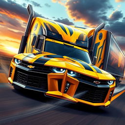 A vivid, artistic depiction of a Chevrolet Camaro transformed into a semi-truck Bumblebee Prime