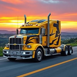 A semi-truck version of Bumblebee Prime in the style of a Chevrolet Camaro