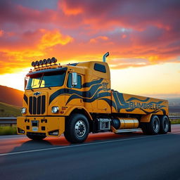 A semi-truck version of Bumblebee Prime in the style of a Chevrolet Camaro