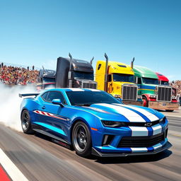 A vibrant and thrilling scene of a Chevrolet Camaro, modified for racing, fiercely competing in a semi-truck race