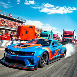 A vibrant and thrilling scene of a Chevrolet Camaro, modified for racing, fiercely competing in a semi-truck race