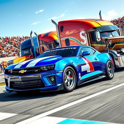 A vibrant and thrilling scene of a Chevrolet Camaro, modified for racing, fiercely competing in a semi-truck race