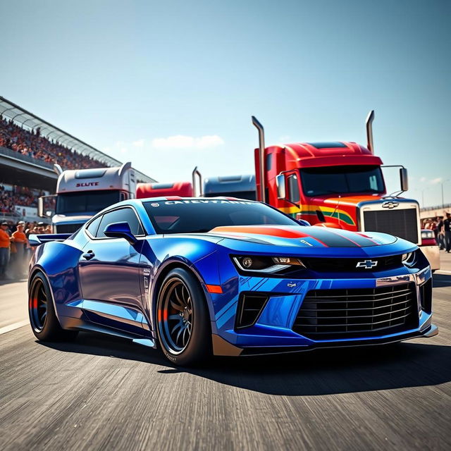 A vibrant and thrilling scene of a Chevrolet Camaro, modified for racing, fiercely competing in a semi-truck race