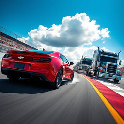 A dynamic scene of a Chevrolet Camaro engaged in a thrilling semi-truck race on a vibrant, sunlit racetrack