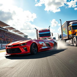 A dynamic scene of a Chevrolet Camaro engaged in a thrilling semi-truck race on a vibrant, sunlit racetrack