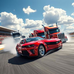 A dynamic scene of a Chevrolet Camaro engaged in a thrilling semi-truck race on a vibrant, sunlit racetrack
