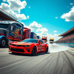 A dynamic scene of a Chevrolet Camaro engaged in a thrilling semi-truck race on a vibrant, sunlit racetrack