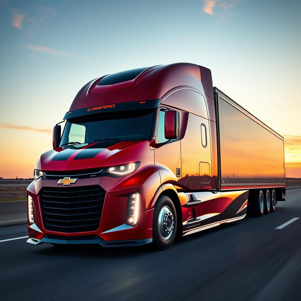 A Chevrolet Camaro envisioned as a semi-truck, featuring an elongated truck cab design that reflects the aerodynamic curves of a Camaro