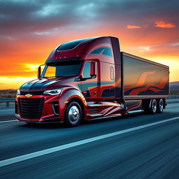 A Chevrolet Camaro envisioned as a semi-truck, featuring an elongated truck cab design that reflects the aerodynamic curves of a Camaro