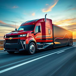 A Chevrolet Camaro envisioned as a semi-truck, featuring an elongated truck cab design that reflects the aerodynamic curves of a Camaro