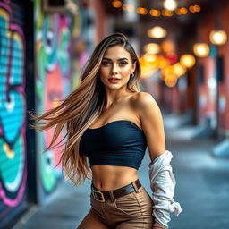 A glamorous and sexy woman posing confidently in a stylish outfit, showcasing her fashion sense in a vibrant urban setting