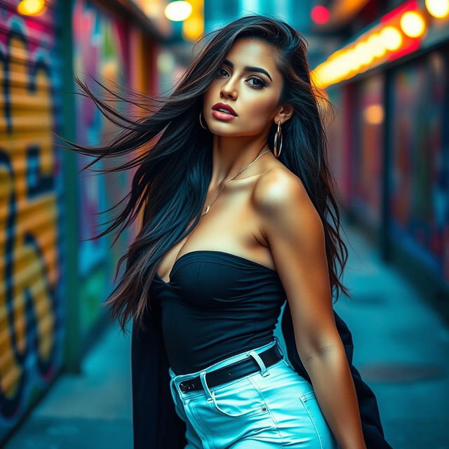 A glamorous and sexy woman posing confidently in a stylish outfit, showcasing her fashion sense in a vibrant urban setting