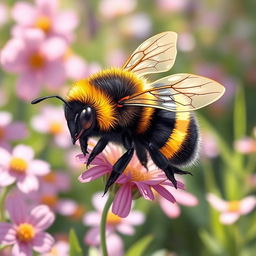 A detailed and vibrant illustration of a Bumblebee, showcasing its fuzzy black and yellow striped body, large wings, and expressive eyes