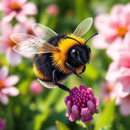 A detailed and vibrant illustration of a Bumblebee, showcasing its fuzzy black and yellow striped body, large wings, and expressive eyes