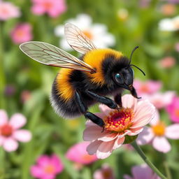 A detailed and vibrant illustration of a Bumblebee, showcasing its fuzzy black and yellow striped body, large wings, and expressive eyes