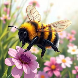 A detailed and vibrant illustration of a Bumblebee, showcasing its fuzzy black and yellow striped body, large wings, and expressive eyes