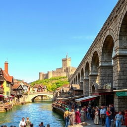 A lively medieval city scene filled with bustling activity, featuring a striking aqueduct located on the right side of the image, elegantly extending towards a grand castle on a distant hill
