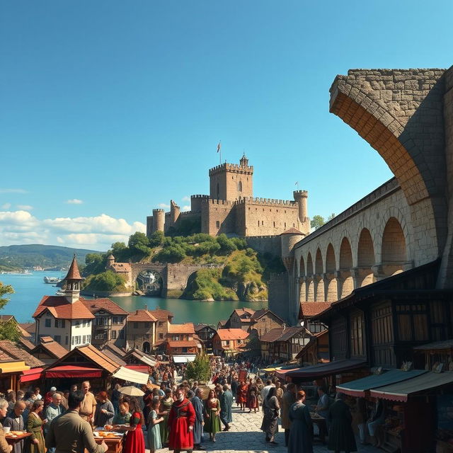 A lively medieval city scene filled with bustling activity, featuring a striking aqueduct located on the right side of the image, elegantly extending towards a grand castle on a distant hill