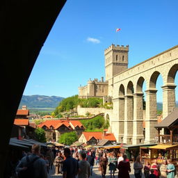 A lively medieval city scene filled with bustling activity, featuring a striking aqueduct located on the right side of the image, elegantly extending towards a grand castle on a distant hill