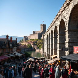 A lively medieval city scene filled with bustling activity, featuring a striking aqueduct located on the right side of the image, elegantly extending towards a grand castle on a distant hill