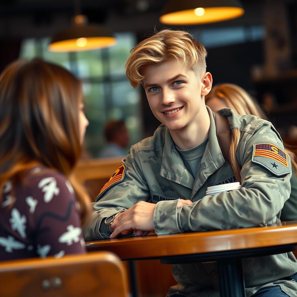 A young American Navy Seal named Brian, 18 years old, with semi-wavy blond hair and striking blue eyes, is sitting at a coffee shop