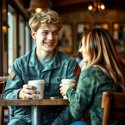 A young American Navy Seal named Brian, 18 years old, with semi-wavy blond hair and striking blue eyes, is sitting at a coffee shop