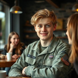 A young American Navy Seal named Brian, 18 years old, with semi-wavy blond hair and striking blue eyes, is sitting at a coffee shop