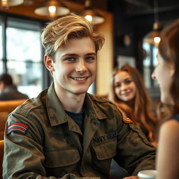 A young American Navy Seal named Brian, 18 years old, with semi-wavy blond hair and striking blue eyes, is sitting at a coffee shop