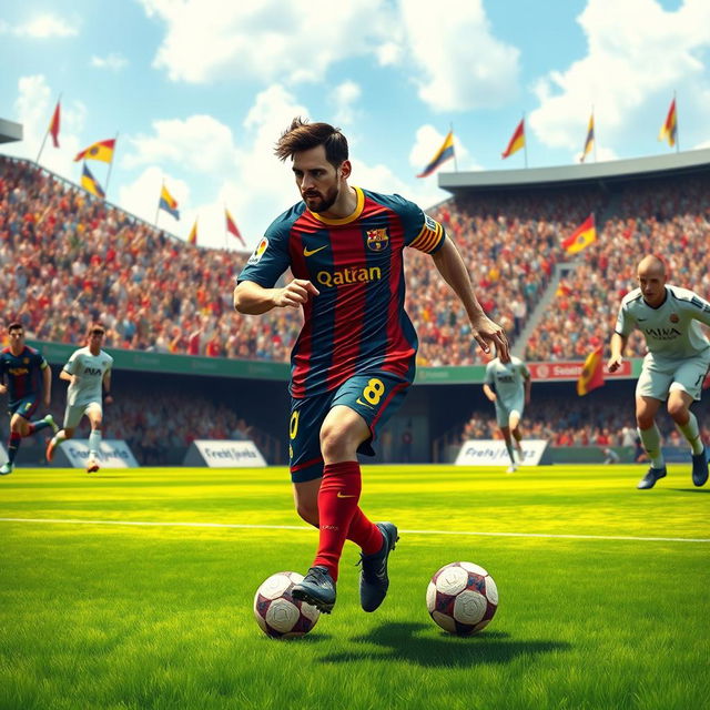 An artistic rendering of a soccer match featuring a highly realistic, detailed depiction of a football player resembling Lionel Messi, showcasing his famous dribbling skills on a vibrant green pitch