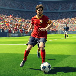 An artistic rendering of a soccer match featuring a highly realistic, detailed depiction of a football player resembling Lionel Messi, showcasing his famous dribbling skills on a vibrant green pitch