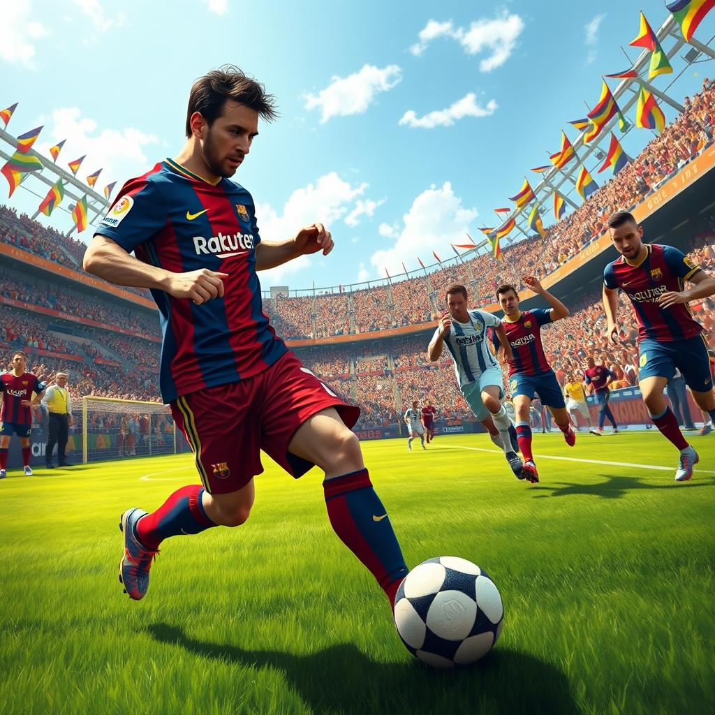 An artistic rendering of a soccer match featuring a highly realistic, detailed depiction of a football player resembling Lionel Messi, showcasing his famous dribbling skills on a vibrant green pitch