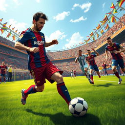 An artistic rendering of a soccer match featuring a highly realistic, detailed depiction of a football player resembling Lionel Messi, showcasing his famous dribbling skills on a vibrant green pitch