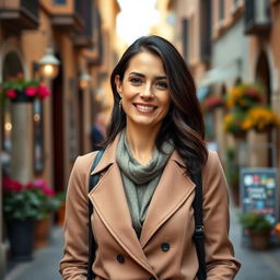 A 39-year-old woman with dark hair and authentic Italian features, fully dressed in fashionable clothing that reflects her personal style