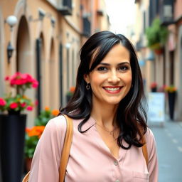A 39-year-old woman with dark hair and authentic Italian features, fully dressed in fashionable clothing that reflects her personal style