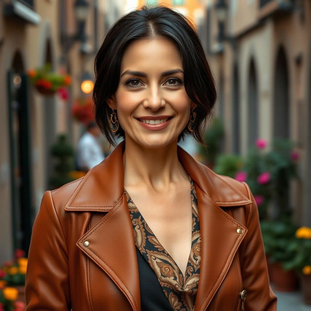 A 39-year-old woman with dark hair and authentic Italian features, fully dressed in fashionable clothing that reflects her personal style