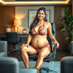 A striking image of Shruti Haasan sitting confidently on an elegant office chair, dressed in a stylish bikini that beautifully showcases her big belly and voluptuous breasts